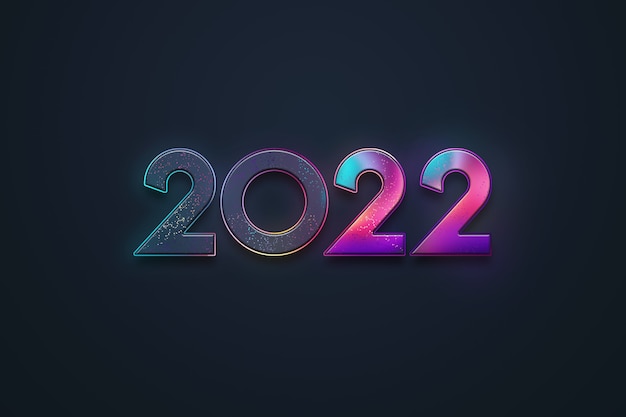 Kolorowe cyfry 2022, nowoczesny design, na ciemnym tle. 2022 Szczęśliwego Nowego Roku. Szablon projektu, nagłówek witryny, plakat, kartka noworoczna, ulotka. Ilustracja 3D, renderowanie 3D.