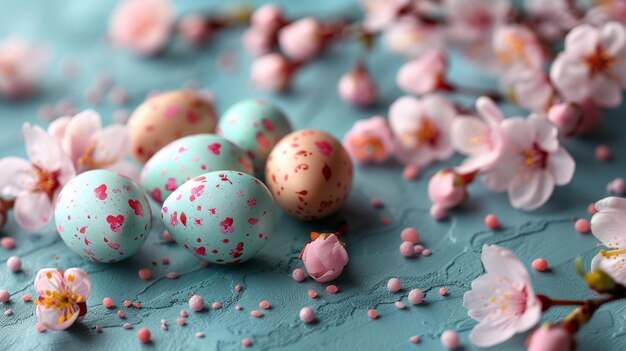 Kolorowe czekoladowe jajka wielkanocne z kwiatami wiśni leżą płasko na niebieskim tle