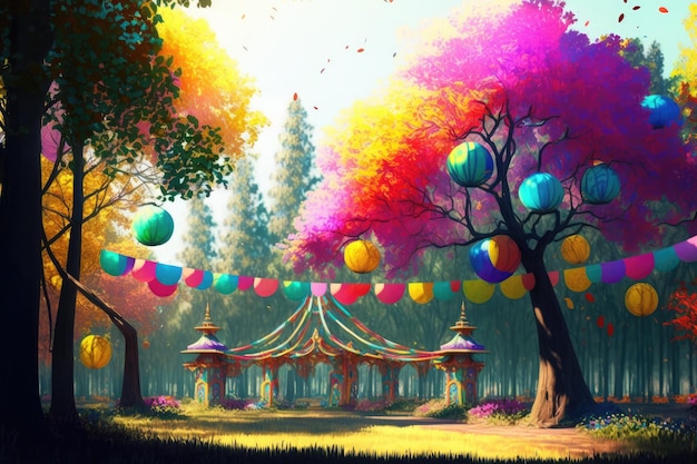 Kolorowe dekoracje i festiwal kolorów w parku na tle drzew i liści