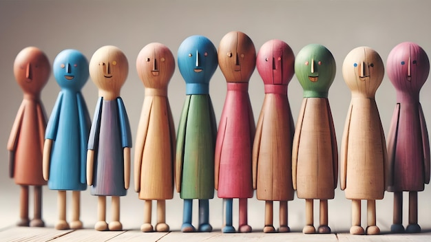 Kolorowe drewniane lalki kreatywne myślenie i zasoby ludzkie Rekrutacja koncepcji pracownika AI generowana wizerunek ai
