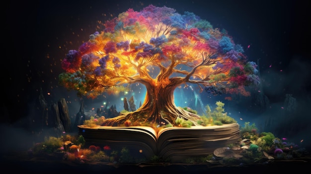 Kolorowe drzewo fantazji rosnące z magicznej książki