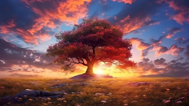 Kolorowe drzewo na wspaniałym polu z zachodem słońca w tle Generatywne ai