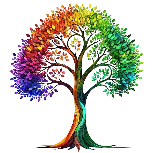 Kolorowe drzewo o kolorze tęczy z liśćmi reprezentującymi kolory tęczy Drzewo wydaje się być bardzo duże i jest głównym celem obrazu