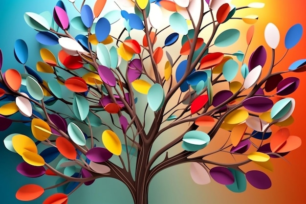 Kolorowe drzewo z liśćmi na wiszących gałęziach ilustracja tło 3d abstrakcja tapeta dla