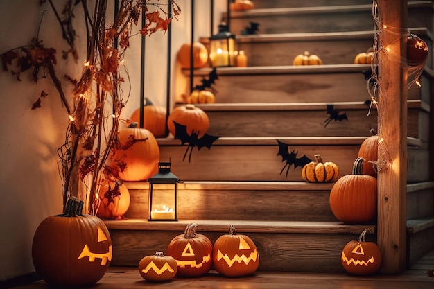 Kolorowe dynie i kwiaty na schodach dekoracji domu na Halloween Generative AI