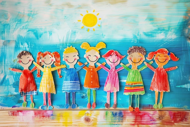 Zdjęcie kolorowe dziecięce rysunki przyjaciół pod słońcem