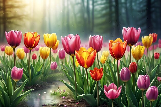 Kolorowe dzikie tulipany zaczynają kwitnąć i pokojowy spokój wektorowy styl ilustracji projekt sztuki