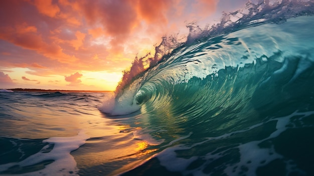 Kolorowe fale oceanu, woda morska w kształcie grzbietu, zachód słońca.
