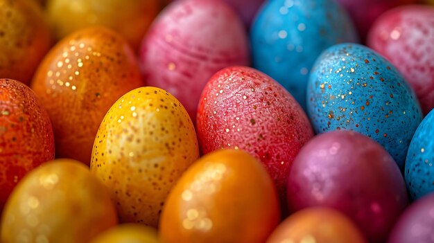 Kolorowe farbowane jaja wielkanocne na niebieskim tle