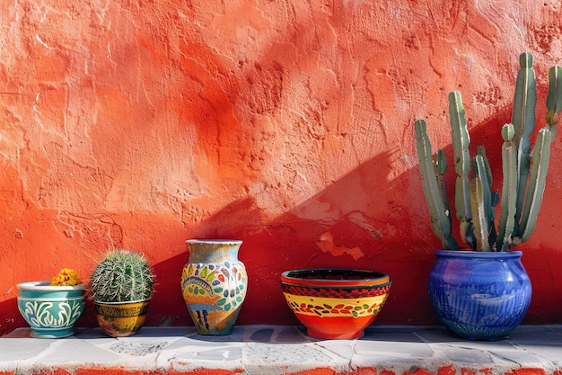 Kolorowe garnki i kaktusy na tle żywej czerwonej ściany w świetle słońca