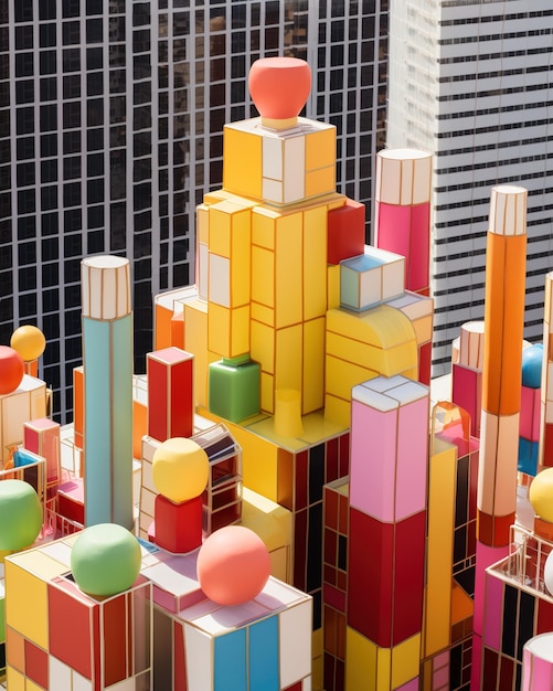 Kolorowe geometryczne kształty 3D przypominające miasto