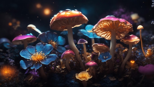 Kolorowe grzyby i wielokolorowe kwiaty w projekcie tapety z aurą północy wygenerowanej przez sztuczną inteligencję
