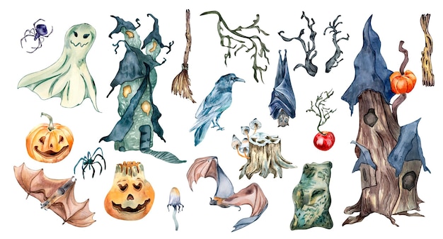 Kolorowe Halloween clipart z nawiedzonym domem akwarela ilustracja na białym tle