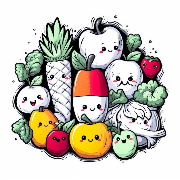 Zdjęcie kolorowe i zabawne ilustracje uroczych postaci z kreskówek cieszących się zdrowymi owocami i warzywami