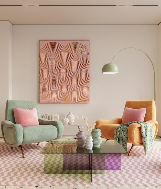 Zdjęcie kolorowe i żywe projekty wnętrz salonu ozdobione przytulnymi meblami