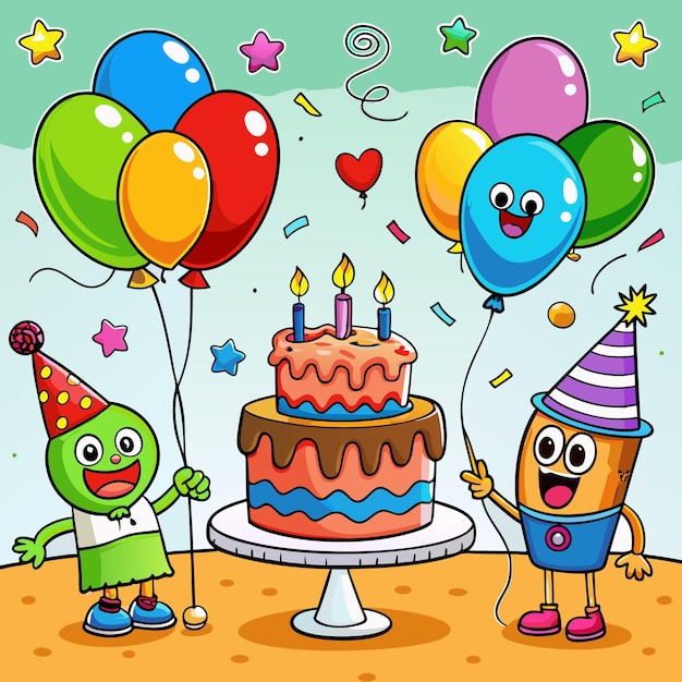 Kolorowe ilustracje z okazji urodzin Balony Ciasto i prezenty