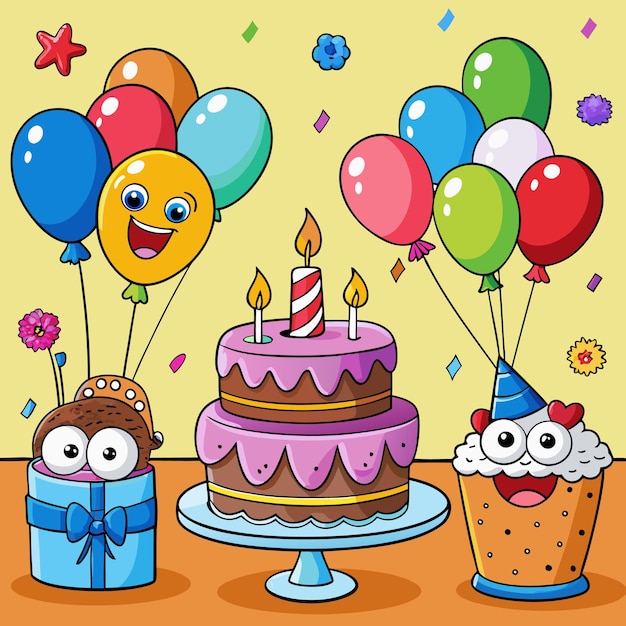 Kolorowe ilustracje z okazji urodzin Balony Ciasto i prezenty