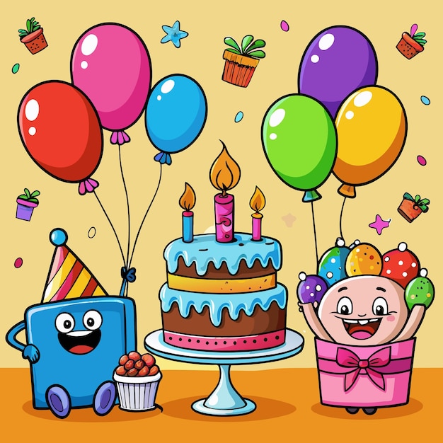 Kolorowe ilustracje z okazji urodzin Balony Ciasto i prezenty