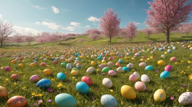 Kolorowe jaja rozrzucone po trawiastym polu