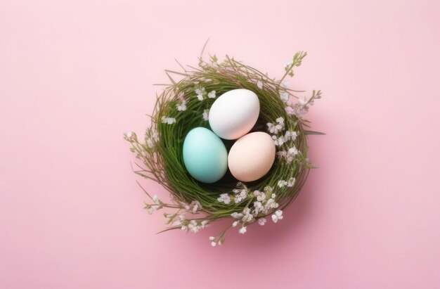 Kolorowe jaja w gnieździe z wiosennymi kwiatami na różowym tle Wielkanocne jedzenie Z góry