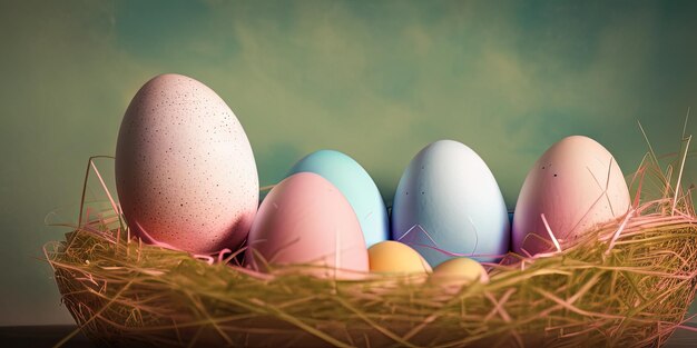 Kolorowe jaja wielkanocne Baner wielkanocny kolorowe malowane jaja Pisanki w koszyku Minimalna koncepcja Wielkanoc tła
