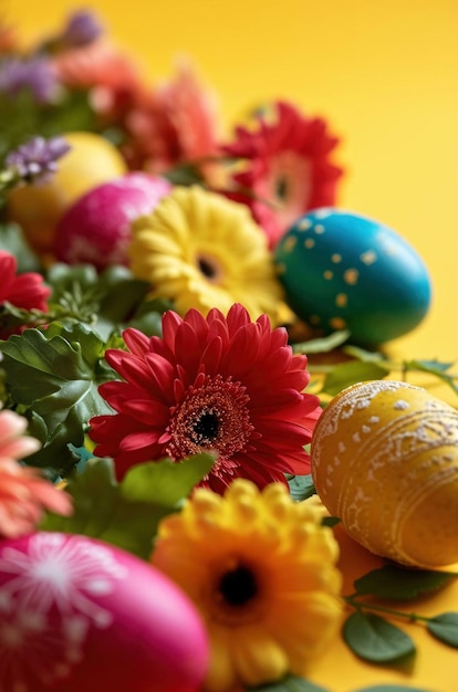 Zdjęcie kolorowe jaja wielkanocne i kwiaty jaja i kwiaty kolorowe jeziora wielkanocne