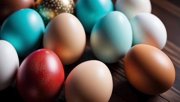 Kolorowe jaja wielkanocne na stole wygenerowane przez sztuczną inteligencję