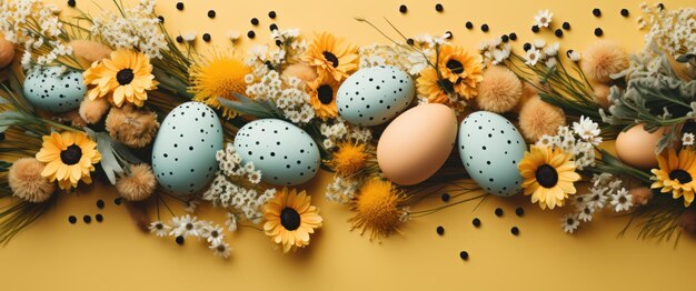 Kolorowe jaja wielkanocne są rozrzucone na żółtym tle