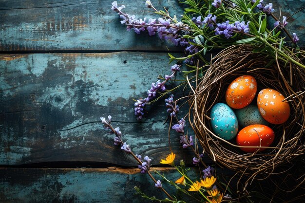Kolorowe jaja wielkanocne umieszczone w gnieździe gałązki obok fioletowych dzikich kwiatów na wiejskiej drewnianej powierzchni