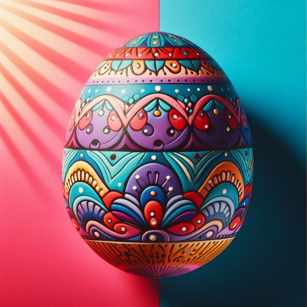 Zdjęcie kolorowe jajko wielkanocne z kwiatowym wzorem na kolorowym tle
