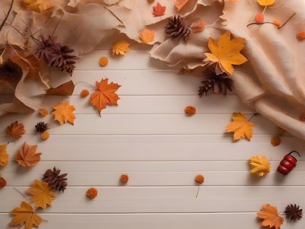 Zdjęcie kolorowe jesienne liście na rogu nad ciemnym drewnianym tłem z banerem szczęśliwa jesień halloween święto dziękczynienia tło