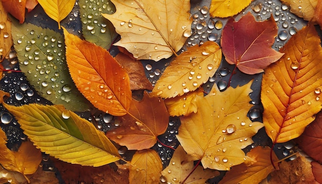 Kolorowe jesienne liście z kropelami wody na ziemi
