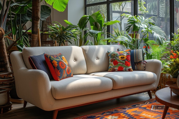 Kolorowe kanapy i poduszki w przytulnym salonie w stylu skandynawskim