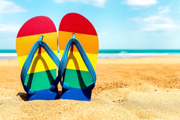 kolorowe kapcie na plaży w letni dzień klapki z flagą dumy gejowskiej