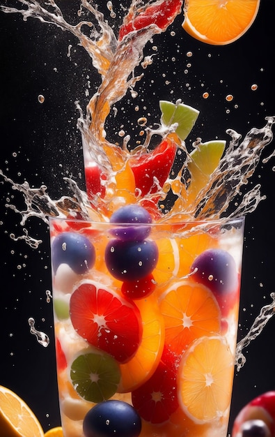 Kolorowe kawałki owoców rozpryskują generatywną ilustrację AI