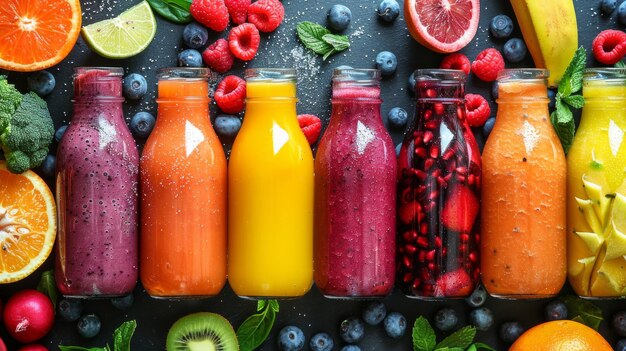 Kolorowe koktajle lub soki w szklanych butelkach umieszczone wśród świeżych owoców i warzyw