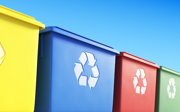 Zdjęcie kolorowe kosze na śmieci przeznaczone do selektywnej zbiórki śmieci, ilustracja 3d