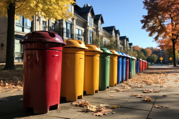 Kolorowe kosze na śmieci z rzędu na ulicy jesienią