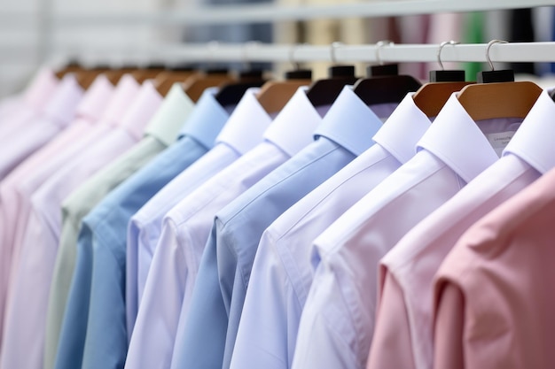 Kolorowe koszule na wieszakach w sklepie z modą, widok z bliska Koszule męskie wyprane i starannie wyprasowane AI Wygenerowano