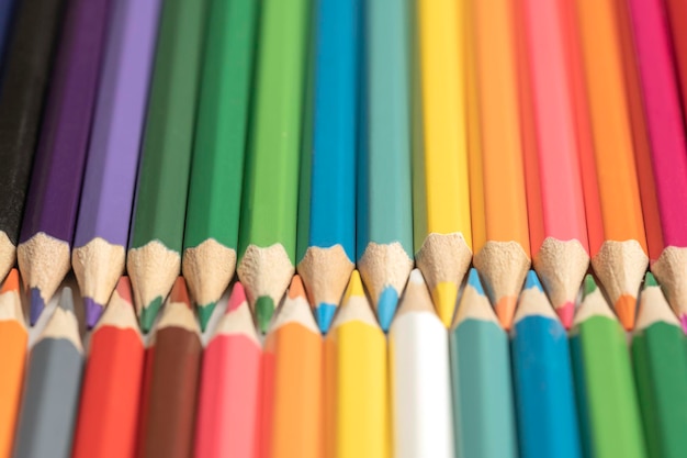 Kolorowe kredki leżą w rzędzie Linia narysowana końcówkami ołówka Zestaw kredek do ilustracji studium sztuki Gotowy do szkoły