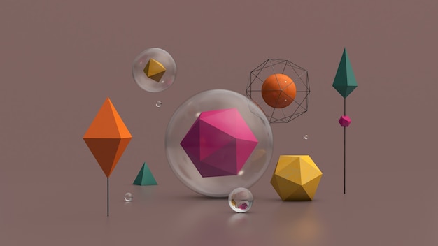Zdjęcie kolorowe kształty geometryczne. szklane kulki. streszczenie ilustracji, renderowania 3d.