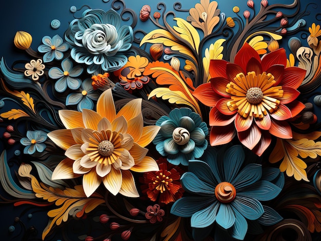 Kolorowe kwiatowe tkaniny tekstylne tradycyjne wzory haftowane i wiosenne kwiaty wygenerowane za pomocą sztucznej inteligencji