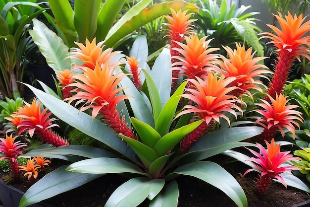 Kolorowe kwiaty bromeliady ozdabiają ogród roślin w szkółce na tle