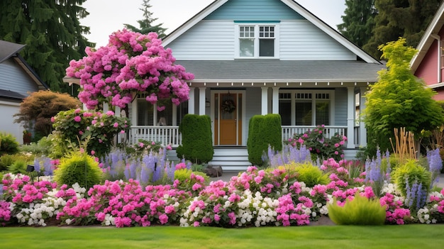 Kolorowe kwiaty i krzewy ozdabiają dziedzińce przed domem na przedmieściach