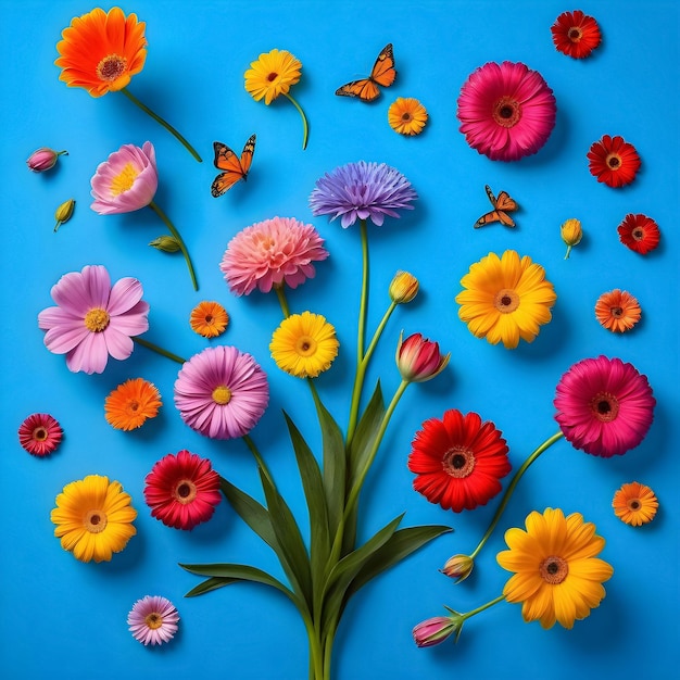 Kolorowe kwiaty i motyle na niebieskim tle