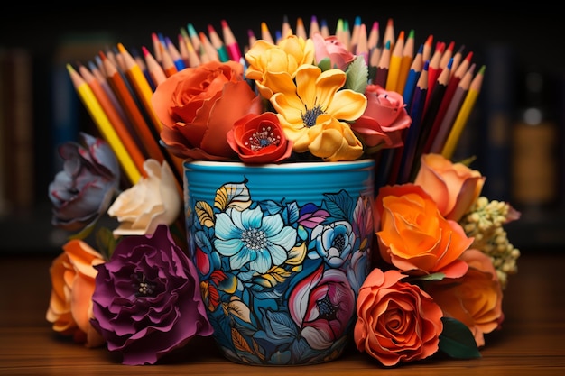 Kolorowe kwiaty i ołówki w kubku