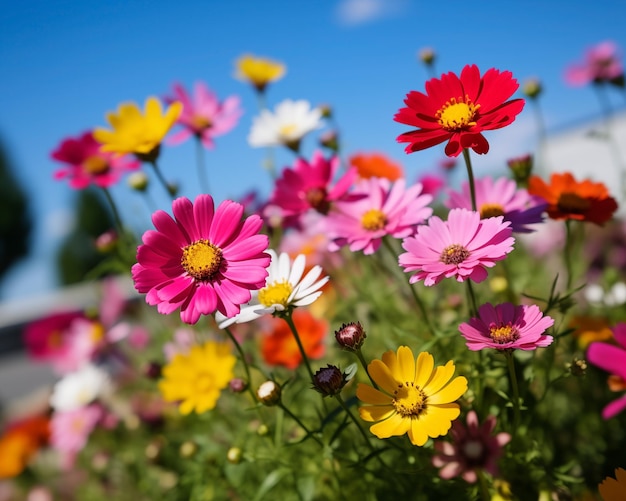 Kolorowe kwiaty kosmiczne sięgające po niebo w jasny letni dzień