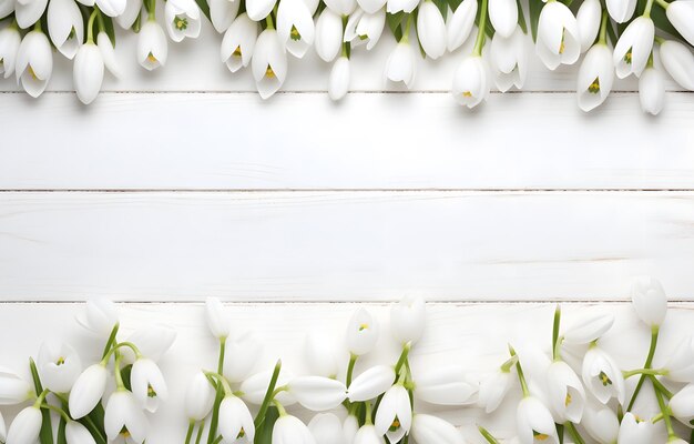 Zdjęcie kolorowe kwiaty śnieżne na białym drewnianym stole.