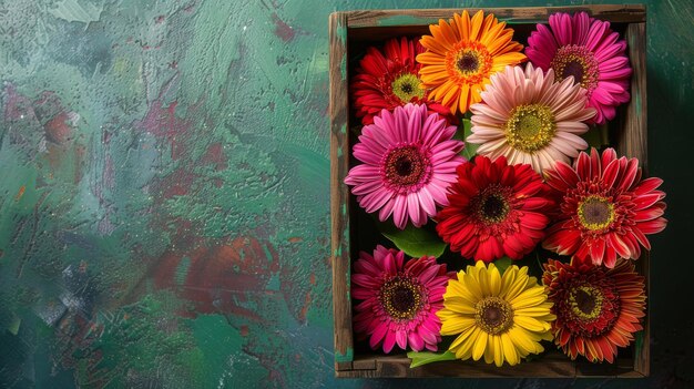Kolorowe kwiaty w drewnianym pudełku
