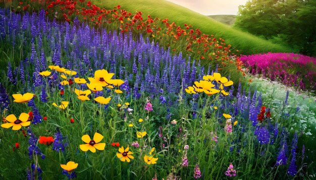 Zdjęcie kolorowe kwiaty w ogrodzie w słoneczny letni dzień krajobraz